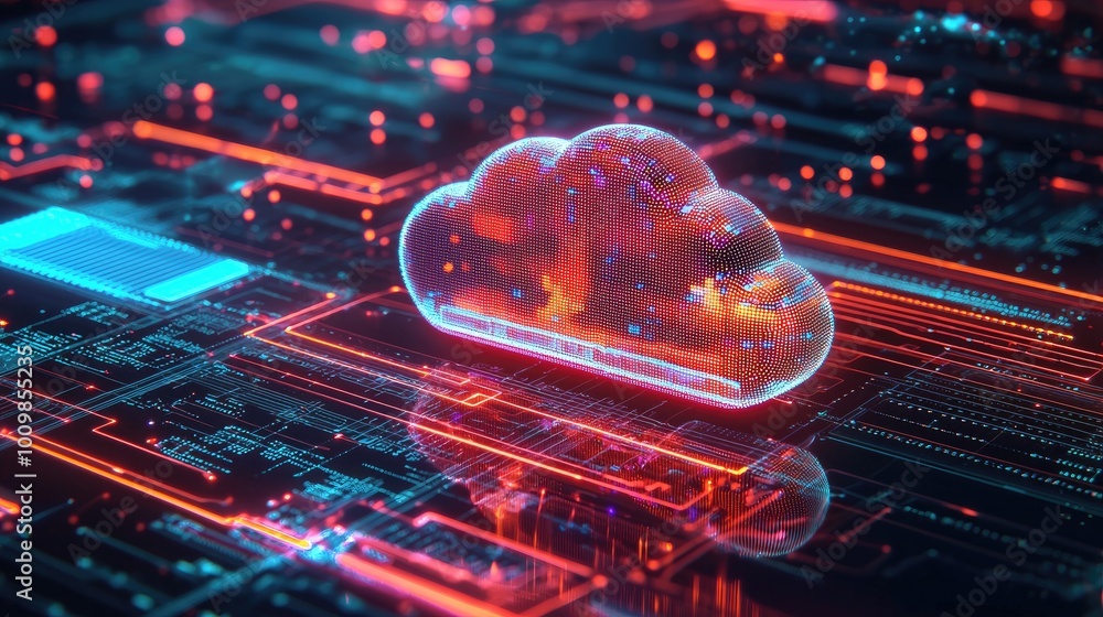 Poster abstract digital cloud network with glowing lines and dots