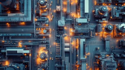 The aerial perspective reveals a sprawling smart factory bustling with activity in the evening, featuring interconnected machines and illuminated pathways enhancing productivity