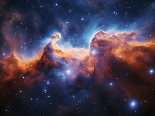 Fototapeta premium A cosmic landscape of swirling gas and dust, illuminated by the brilliant light of distant stars. The nebula's colors are a vibrant blend of orange, blue, and white, creating a breathtaking spectacle.
