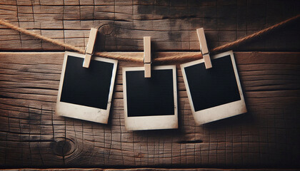 Fototapeta premium Vintage Polaroid Photos on Rustic Wooden Surface