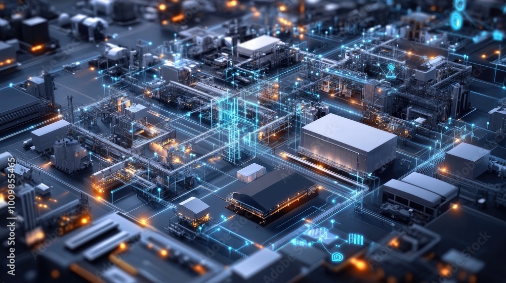 Poster futuristic industrial complex with interconnected network and data flow