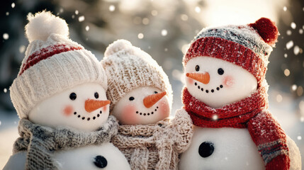 Three cheerful snowmen with carrot noses and cozy scarves smile amidst a gentle snowfall, capturing the joy of a winter wonderland.