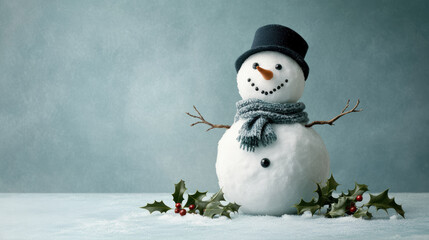 Obraz premium Cheerful snowman with a top hat and scarf stands amidst holly leaves on a snowy terrain, exuding festive joy. With copy space for your design / text