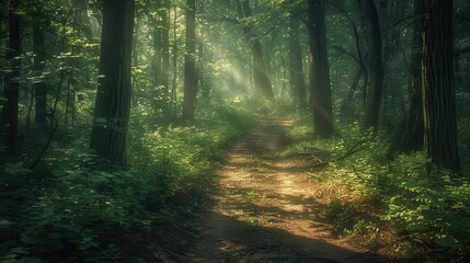 Fototapeta premium Forest hiking trails with dappled sunlight, serene and inviting, Nature, Soft greens, Photograph, Woodland walk