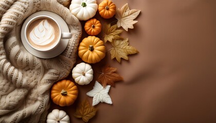 Fototapeta premium A cozy fall corner featuring small pumpkins, knit blanket, and warm coffee for autumn vibes. Generative AI