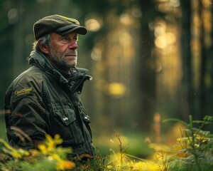 Fototapeta premium Forest ranger with dynamic scenes, natural and inviting, Nature, Soft greens, Photograph, Wildlife protection