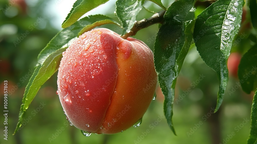 Wall mural Ripe Peach with Water Drops on Tree Branch