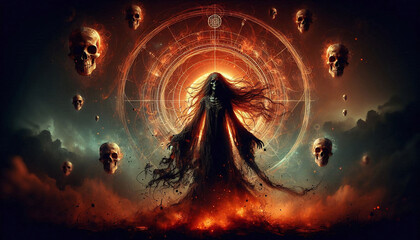 Mystical Figure with Eclipse and Floating Skulls