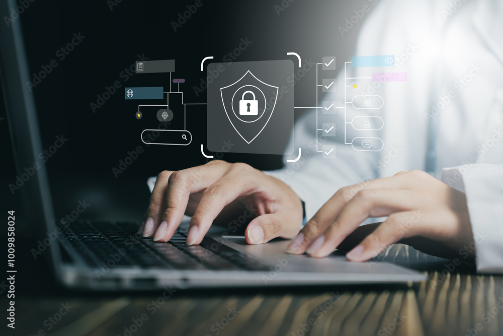 Poster hands typing on a laptop with cybersecurity icons, emphasizing data protection and online security.