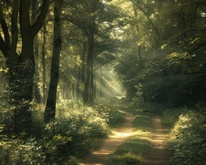 Obraz premium Forest walk with dappled sunlight, serene and inviting, Nature, Soft greens, Photograph, Woodland walk