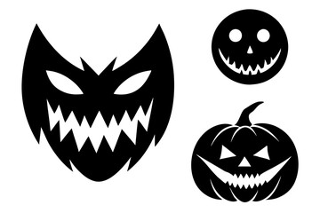 Scary Monster Faces Set. Jack O Lantern Face Halloween Pumpkin Icon Collection. Simple Creepy Horror Illustrations.