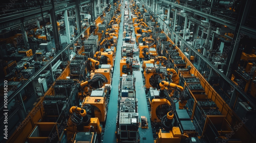 Poster a bustling factory floor is filled with various automated machines and robotic arms, all actively wo