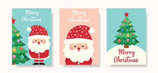 Set of Christmas and Happy New Year greeting cards with Santa Claus and Christmas tree.