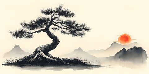 A black and white ink painting of a lone tree with a large orange sun rising in the background.