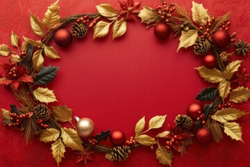 Christmas background with decorations and wide arch shaped leaf frame on red background.  with generative ai