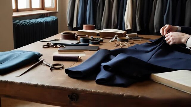 Tailor hand-stitching bespoke suit