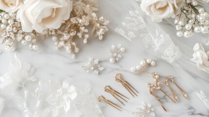 Elegant bridal accessories arranged with floral elements on a marble surface.