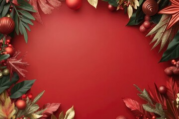 Christmas background with decorations and wide arch shaped leaf frame on red background.  with generative ai