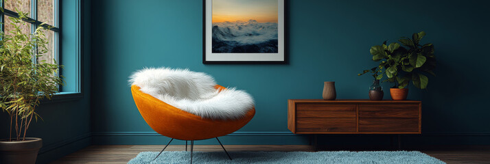 Cozy living room with a  orange chair and a plant.