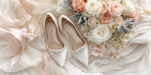 Elegant wedding shoes beside a floral bouquet on soft fabric.