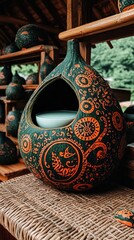 Intricately Handcrafted Gourd Art with Vibrant Geometric Patterns and Rustic Display in Artisan Market Setting