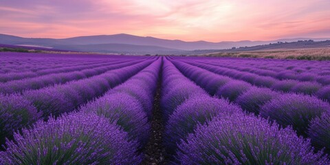 Fototapeta premium Expansive lavender field under a colorful sunset, showcasing nature's beauty and tranquility.