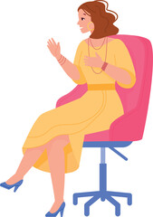 Tv host woman gesturing and talking. Interviewer journalist