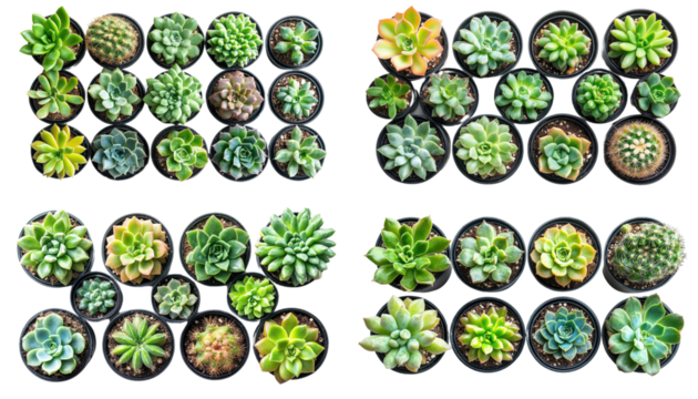 rows of potted plants isolated on transparent background