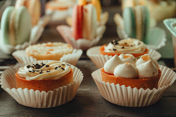 Different kinds of tarts at cafes or coffeeshops. Display case with sweets. Close up photo of tarts...