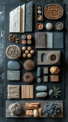 A flat lay of various natural materials, including wood, stone, and fabric.