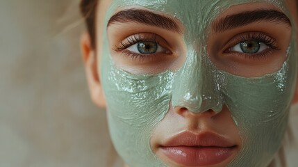 Fototapeta premium Young European Woman with Facial Mask Enjoying Beauty Treatment in Beige Studio, Looking Directly at Camera