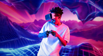 Teenager holding joystick and wearing VR goggles while enjoy playing games at neon abstract background. African man enjoy controlling controller and using augmented reality technology. Ingenuity.