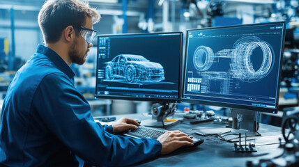 Engineer designing a car using CAD software on dual monitors in a high-tech industrial environment, focusing on automotive innovation and development