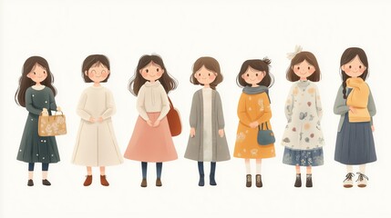 Obraz premium Illustration Material Set Featuring Diverse Women and Girls in Various Poses and Styles