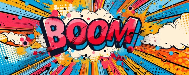 Eye-catching pop art background featuring "BOOM." Explosion theme, Bold graphics, Bright vector