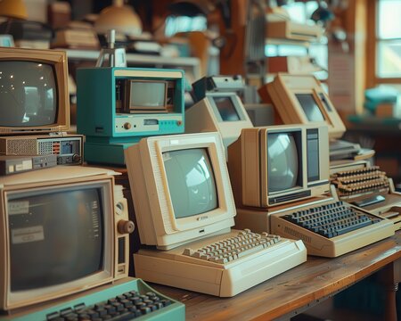 Retro computers with nostalgic designs, playful and intricate, Urban, Soft tones, Photograph, Historical charm