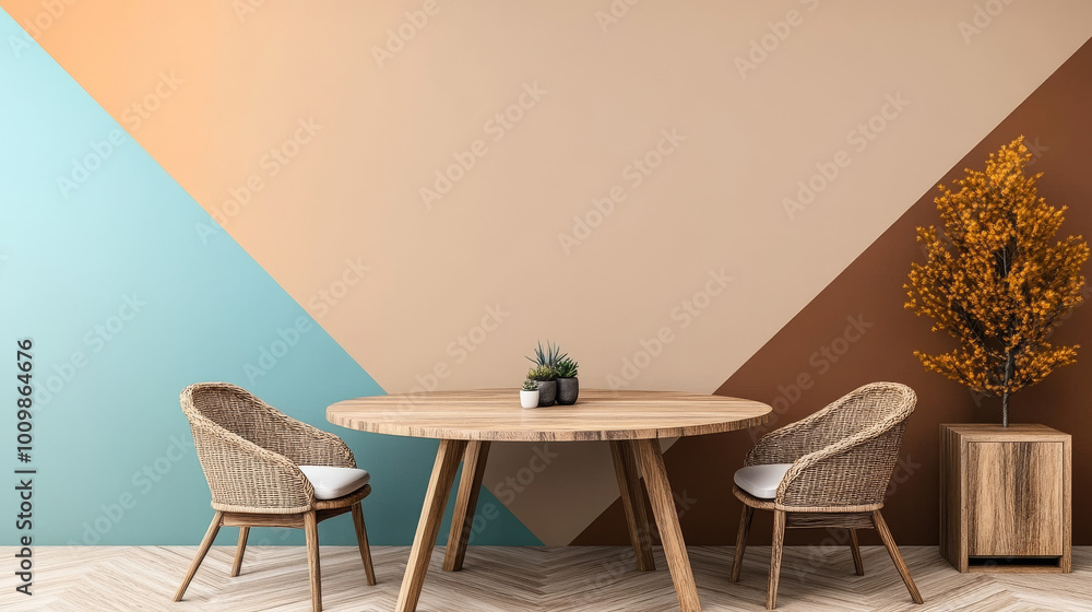 Sticker Wooden table and chairs set against a colorful wall.