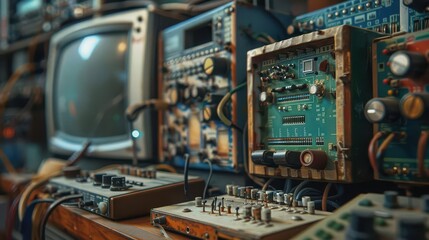 Fototapeta premium Retro electronics with nostalgic designs, playful and intricate, Urban, Soft tones, Photograph, Historical charm