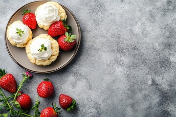 Three scones with whipped cream and strawberries on a plate.