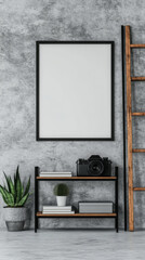 Modern minimalist interior with a blank frame, a camera, and a bookshelf.