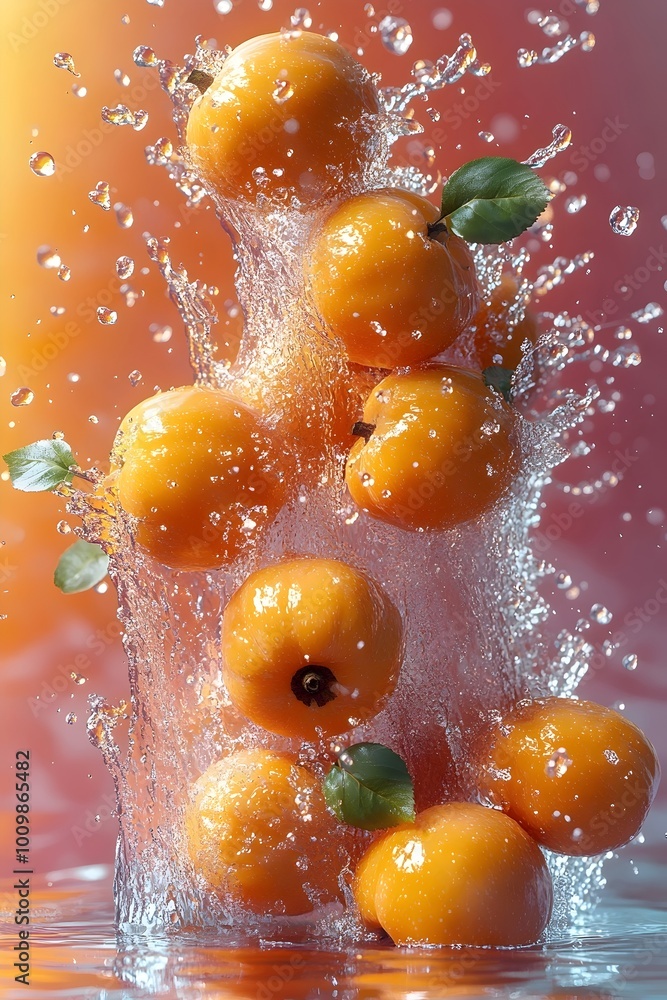 Poster a cluster of juicy oranges splash into a pool of water, creating a vibrant and refreshing scene.
