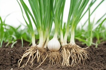 Fresh green onions with roots and a garlic bulb in rich soil.