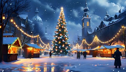 A festive winter scene featuring a beautifully lit Christmas tree in a snowy plaza, surrounded by market stalls and people, evoking a warm, holiday spirit.