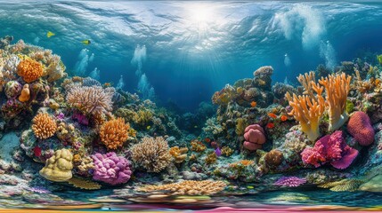 An immersive 360-degree equirectangular panorama of a bustling coral garden, with colorful corals and sponges covering every surface