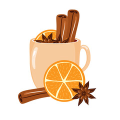 Illustration with cup of mulled wine with orange, cinnamon, anise cozy autumn or winter vector illustration hot drink isolated on white background 
