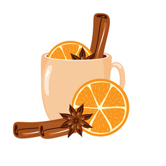 Illustration with cup of mulled wine with orange, cinnamon, anise cozy autumn or winter vector illustration hot drink 