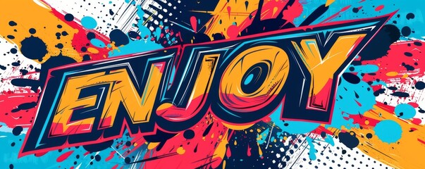 Colorful pop art background with "ENJOY" inside. Dynamic patterns, Bold graphics, Vibrant vector
