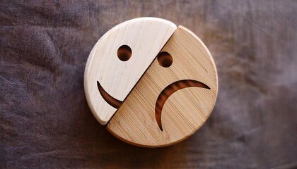 Wooden round with carved happy and angry faces, International Day of Happiness concept, customer reviews, emotional intelligence, emotional control balance, feedback rating, mental health assessment