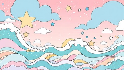 Cute Pastel Sky with Stars and Waves
