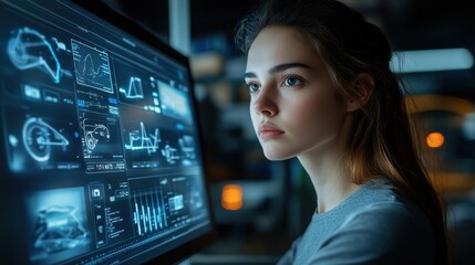 Concept of AI marketing and insurance tool, Woman looking at computer dashboard with visualization innovation for a car, travel, family, life, financial, and health insurance.